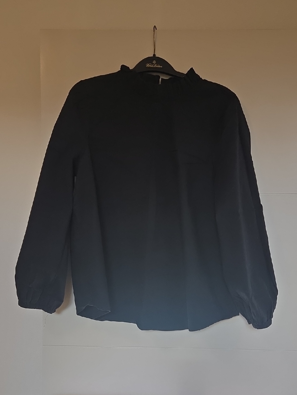J. Crew Black Long 3/4 Sleeve Ruffle Neck Blouse